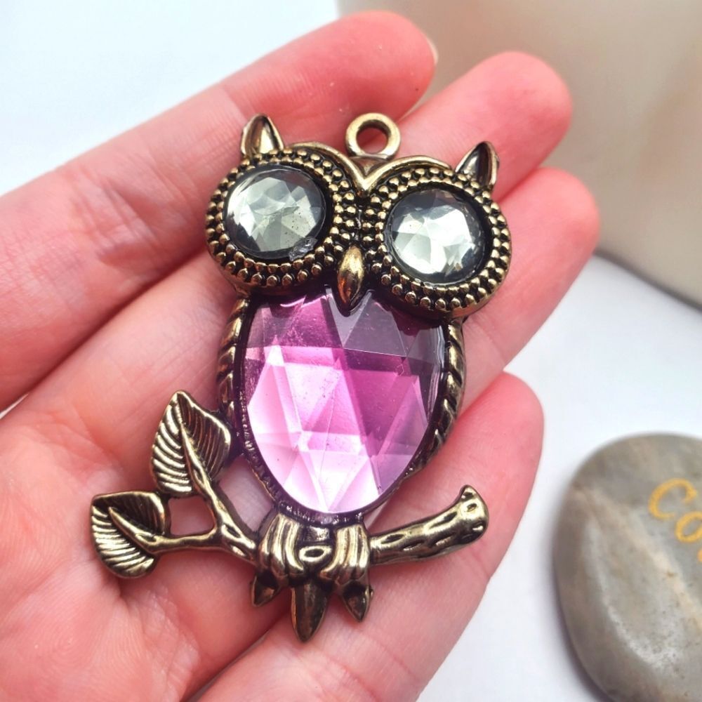 Light purple gem owl on tree‎ necklace pendant
